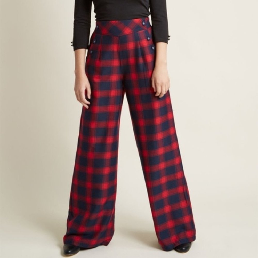 Blue Plaid Wide Leg Pants